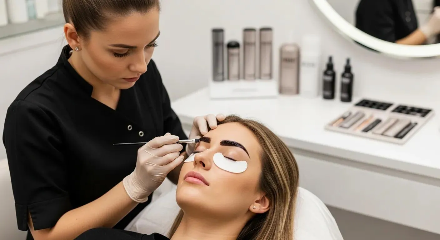 Close-up of eyebrow tinting enhancing natural beauty in a professional salon setting
