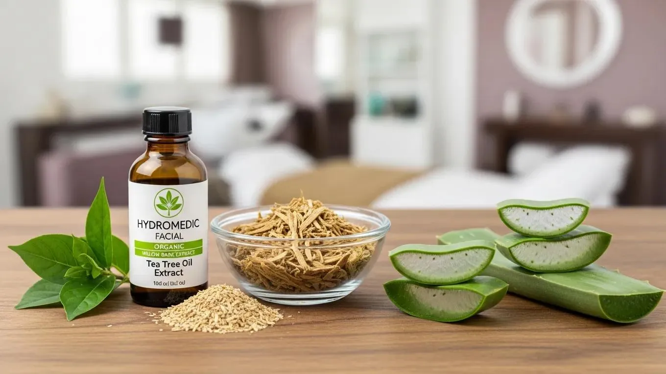 Organic skincare ingredients for Hydromedic Facial, including Tea Tree Oil, Willow Bark Extract, and Aloe Vera