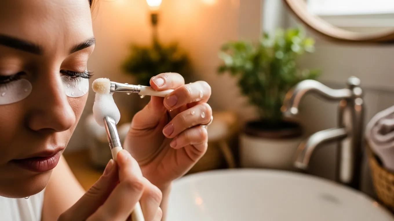 Person gently cleaning eyelash extensions in a cozy bathroom, illustrating recommended aftercare practices