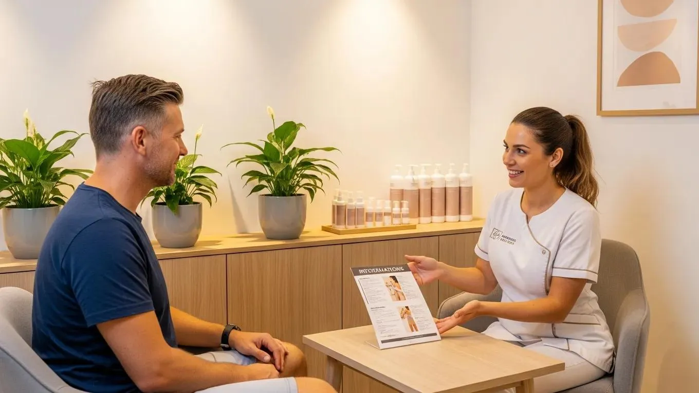 Male client consulting with a technician in a professional waxing salon, conveying grooming confidence