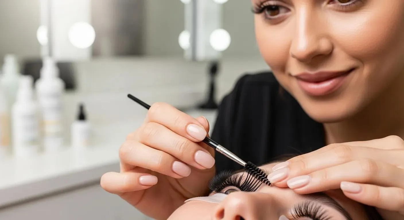 Beauty expert demonstrating eyelash extension aftercare