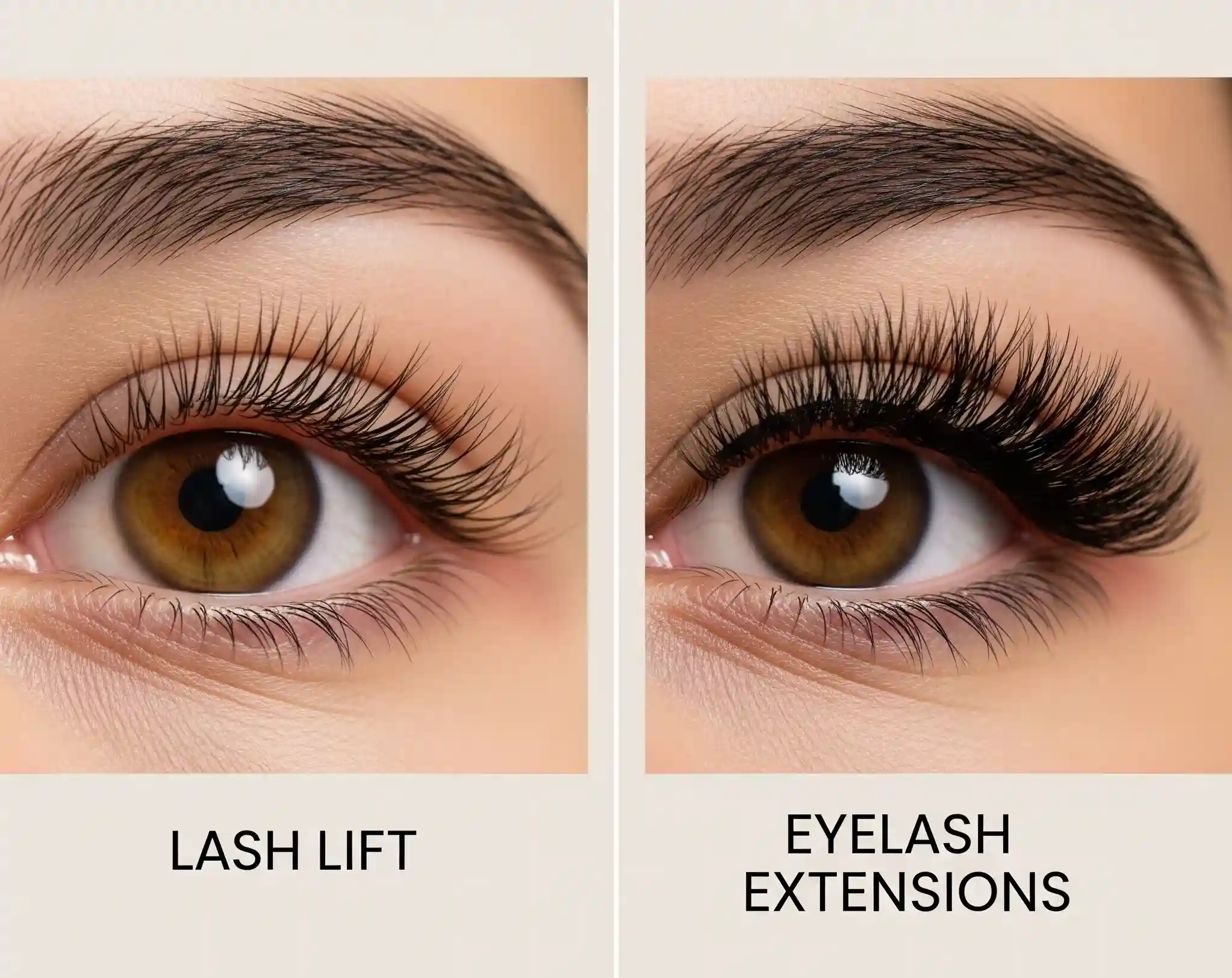 Before and after comparison of professional lash lift versus volume eyelash extensions