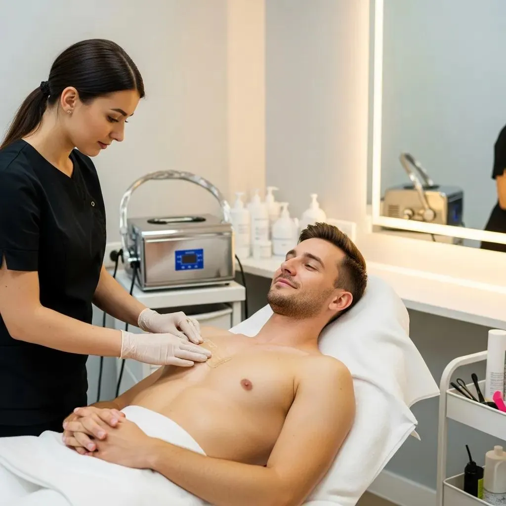 Man receiving a waxing treatment in a modern grooming salon emphasizing men's grooming practices