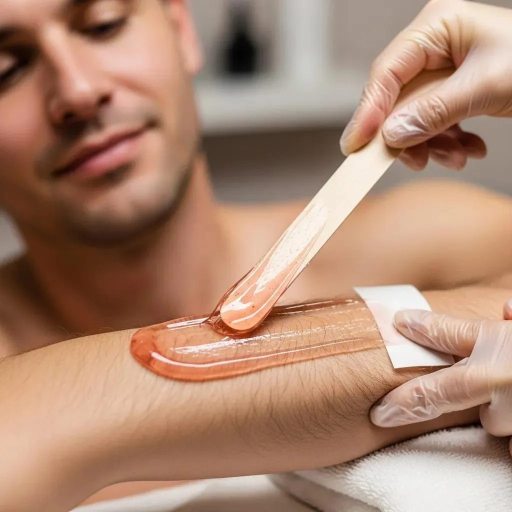 Gentle waxing technique on a man's arm, using sensitive-skin-friendly products at a professional salon