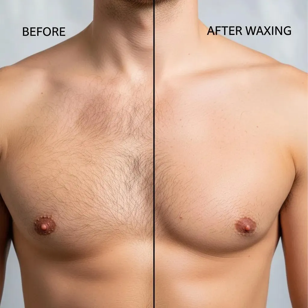 Before-and-after comparison of a man's chest showing results of professional waxing versus untrimmed hair