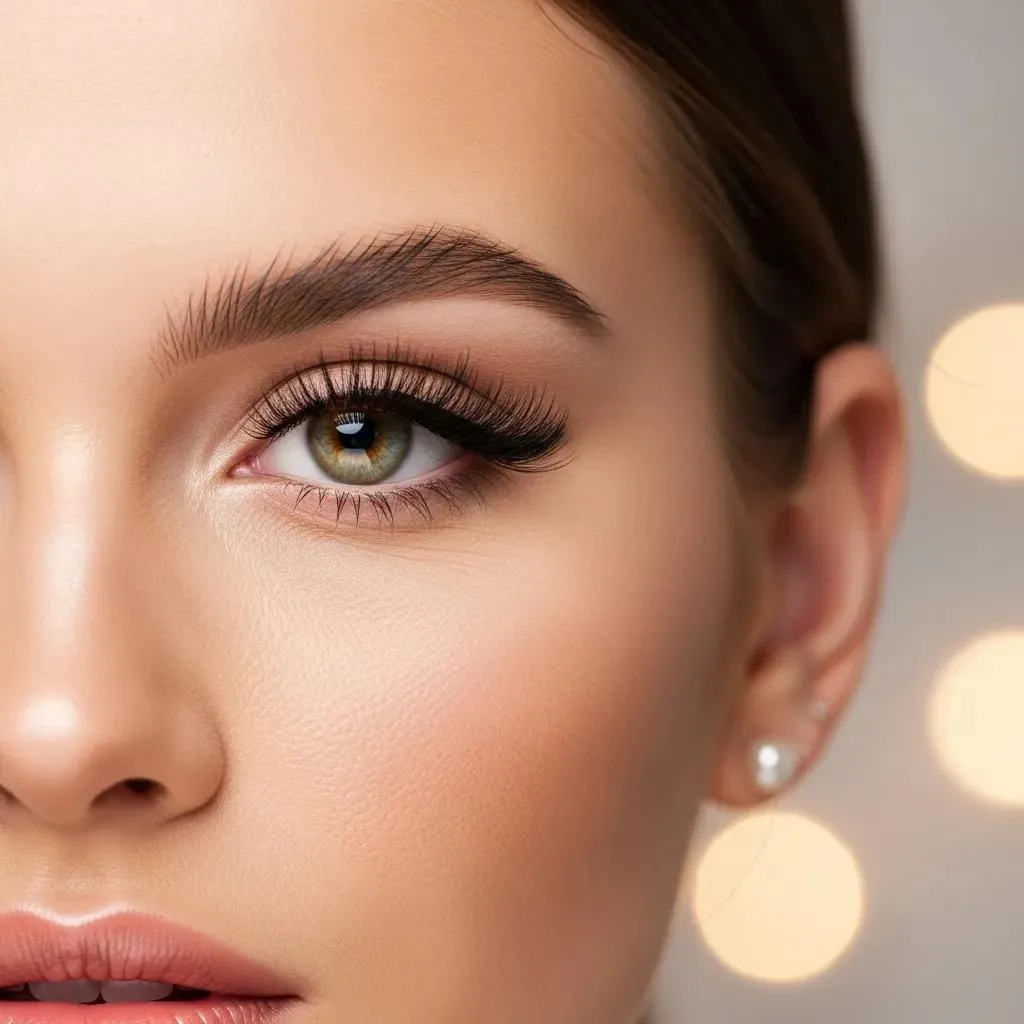 Close-up of a model wearing dramatic volume lash extensions, showing lifted, textured lashes ready for an event