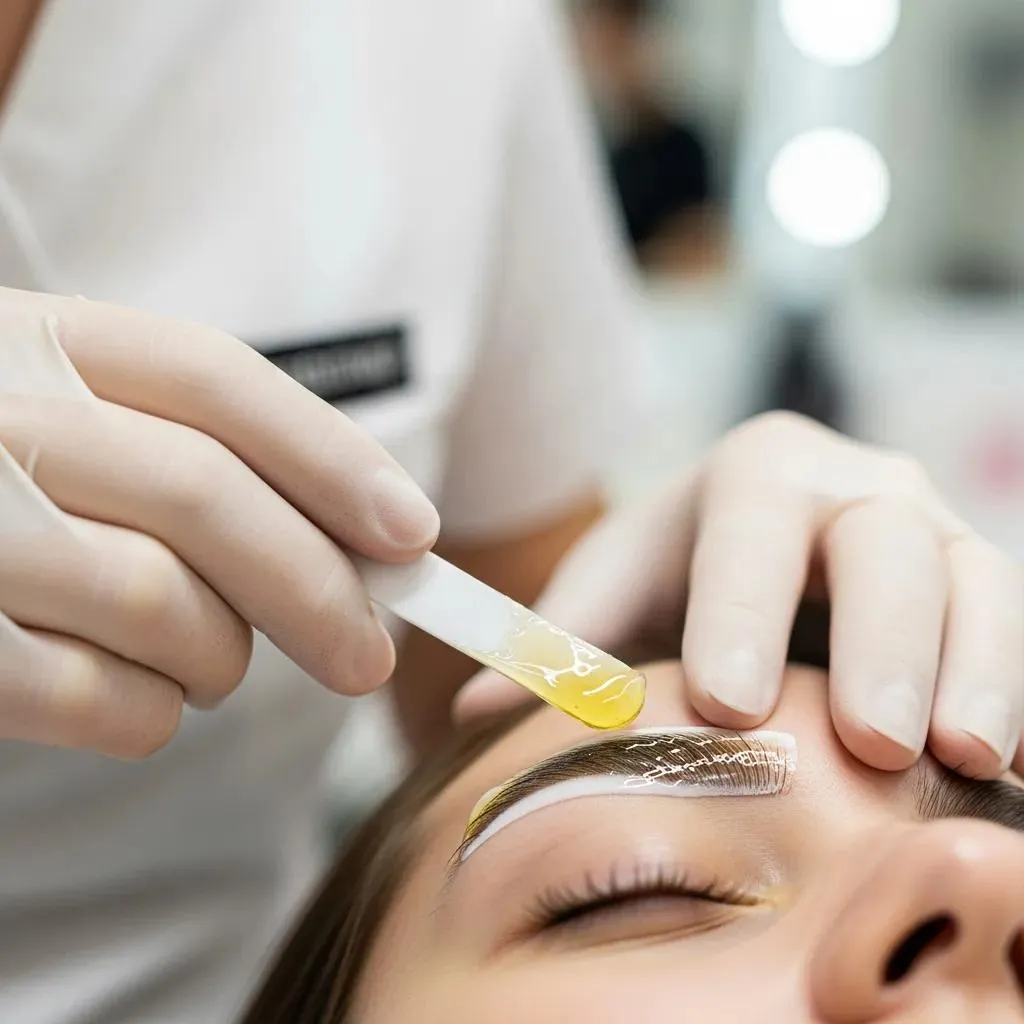 Esthetician shaping eyebrows with careful, professional technique