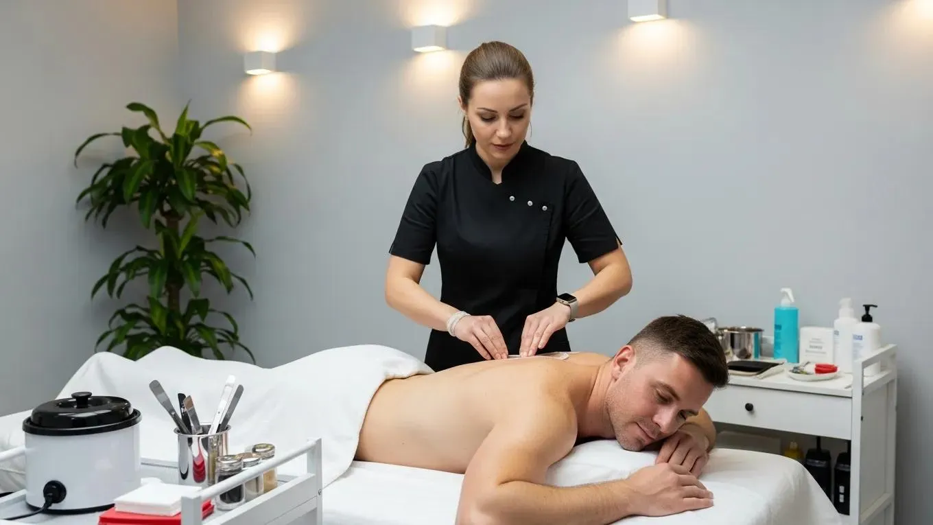 mens back waxing treatment in progress in a professional salon setting
