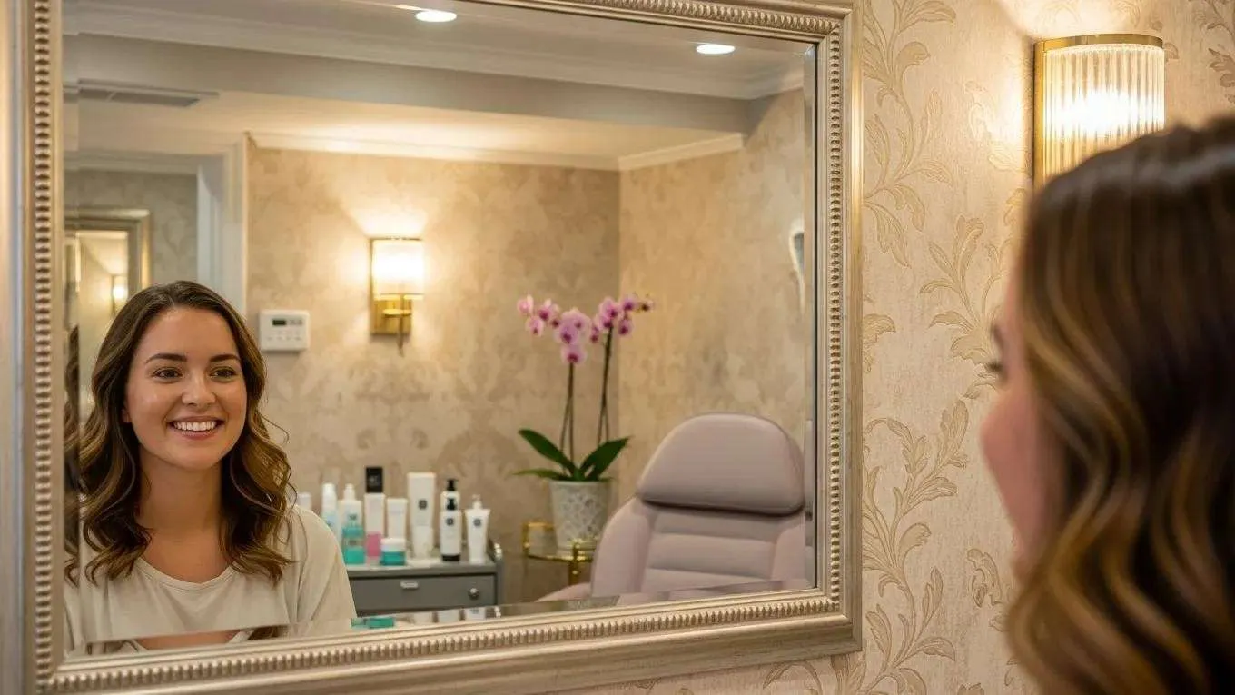 Satisfied client admiring clear skin after a Hydromedic Facial in a beauty salon