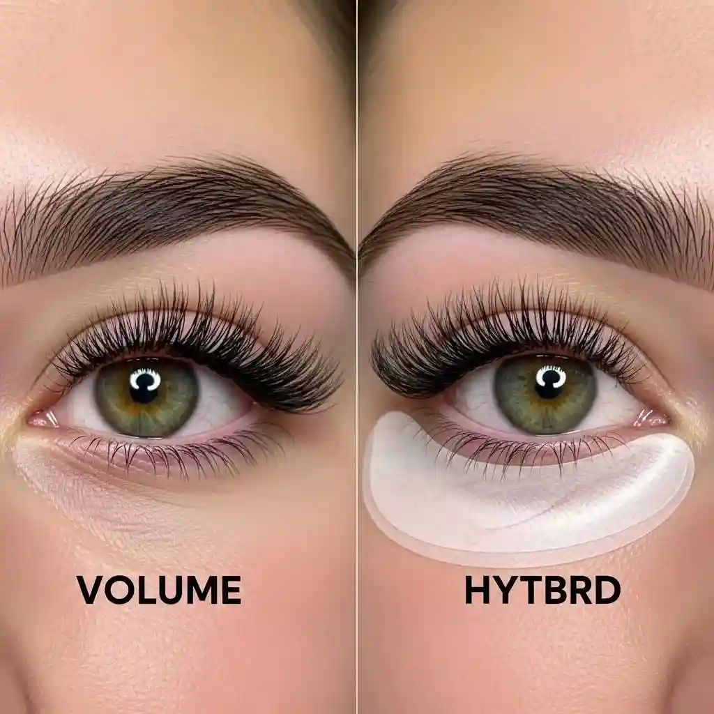 Side-by-side comparison showing the fuller look of volume lashes versus the texture of hybrid lashes