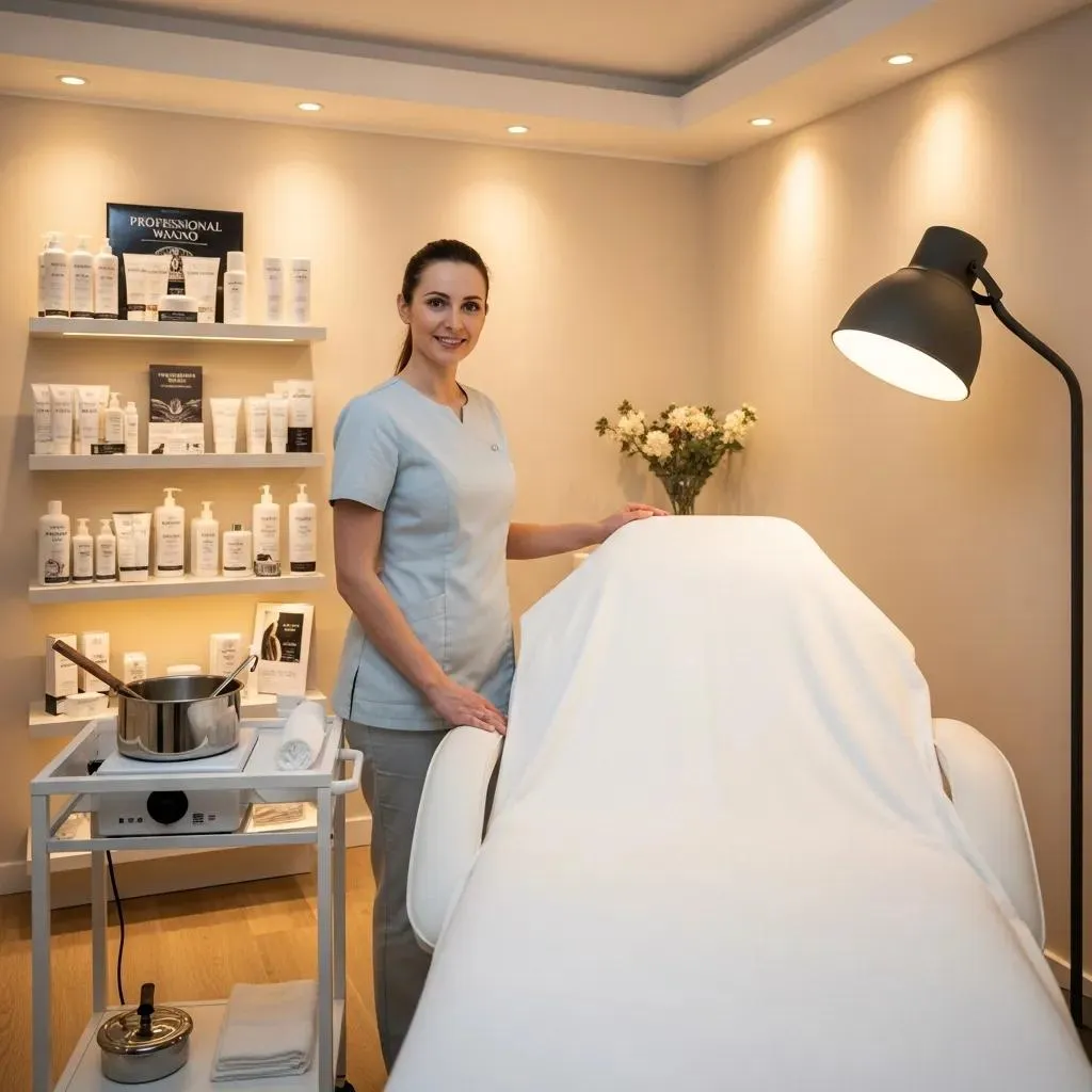 Welcoming waxing salon environment with a waxing bed and aesthetician preparing for a full body waxing treatment