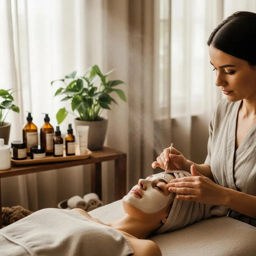 Client enjoying a calming organic facial at Meena Threading Salon in Woodside