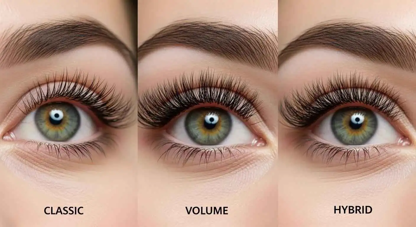 Different styles of eyelash extensions: Classic, Volume, and Hybrid