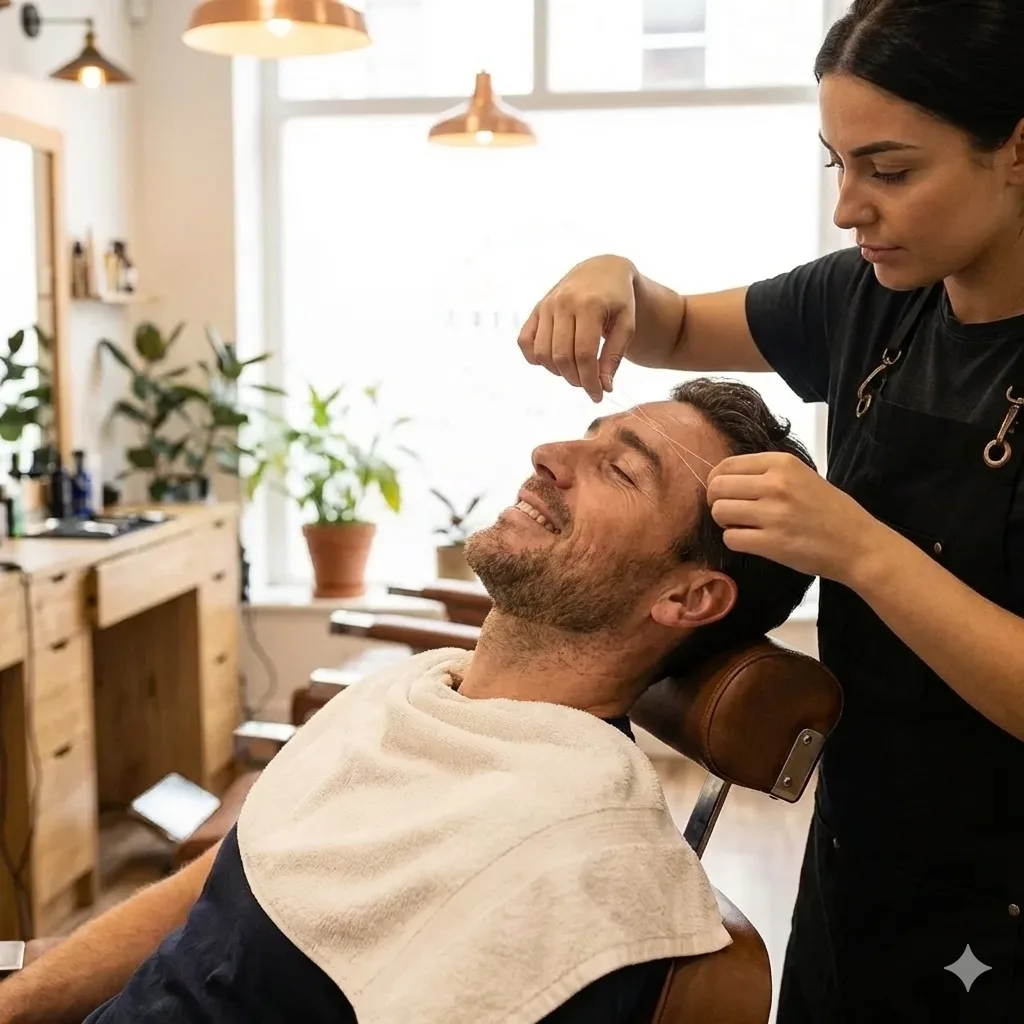 Professional male grooming and eyebrow threading services at Meena Beauty Salon