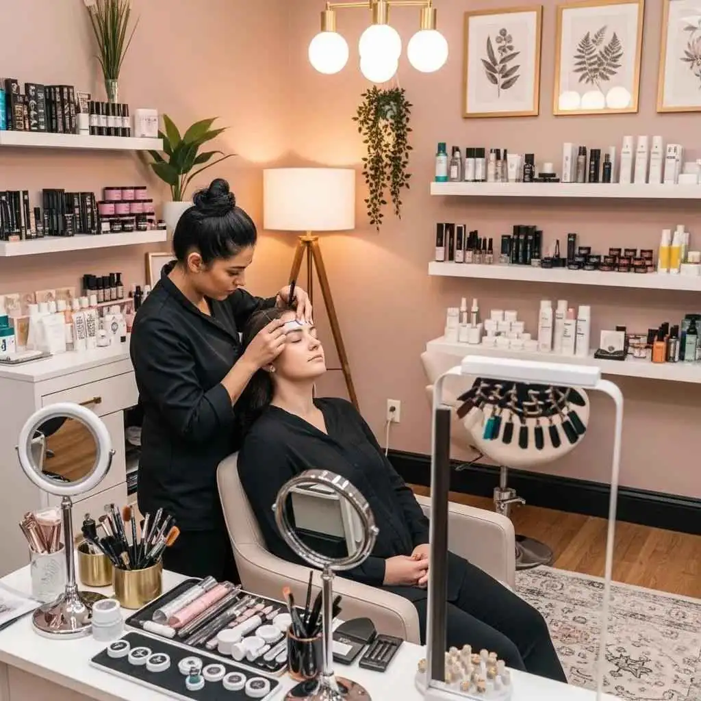 Inside a cozy beauty salon: a technician threading a client's eyebrows — highlighting brow and lash services for Valentine's Day