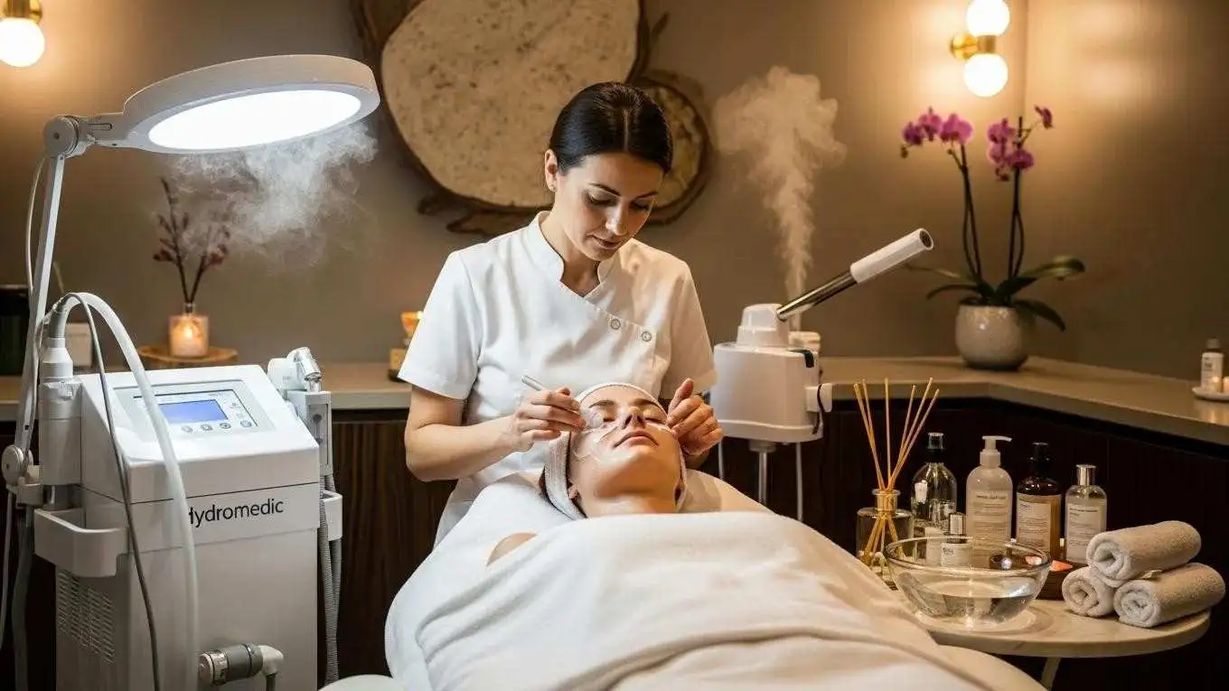 Client receiving a Hydromedic Facial treatment in a beauty salon, highlighting natural skincare products