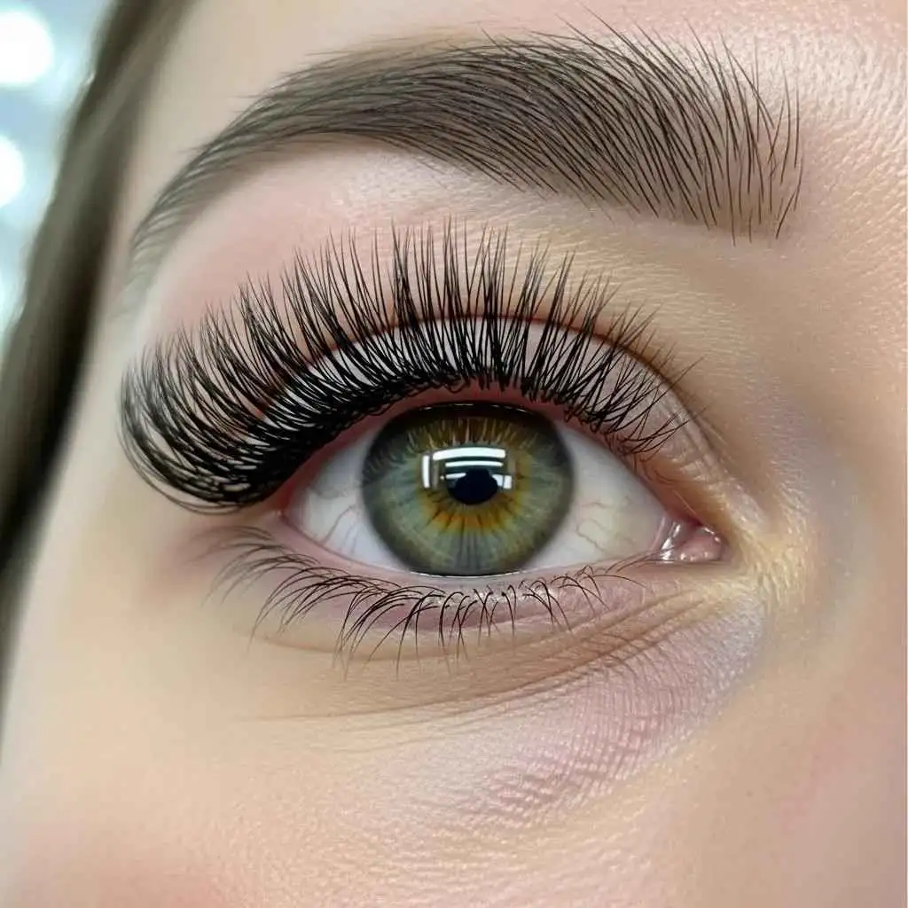 Close-up of lifted, tinted lashes showing a natural, mascara-free enhancement