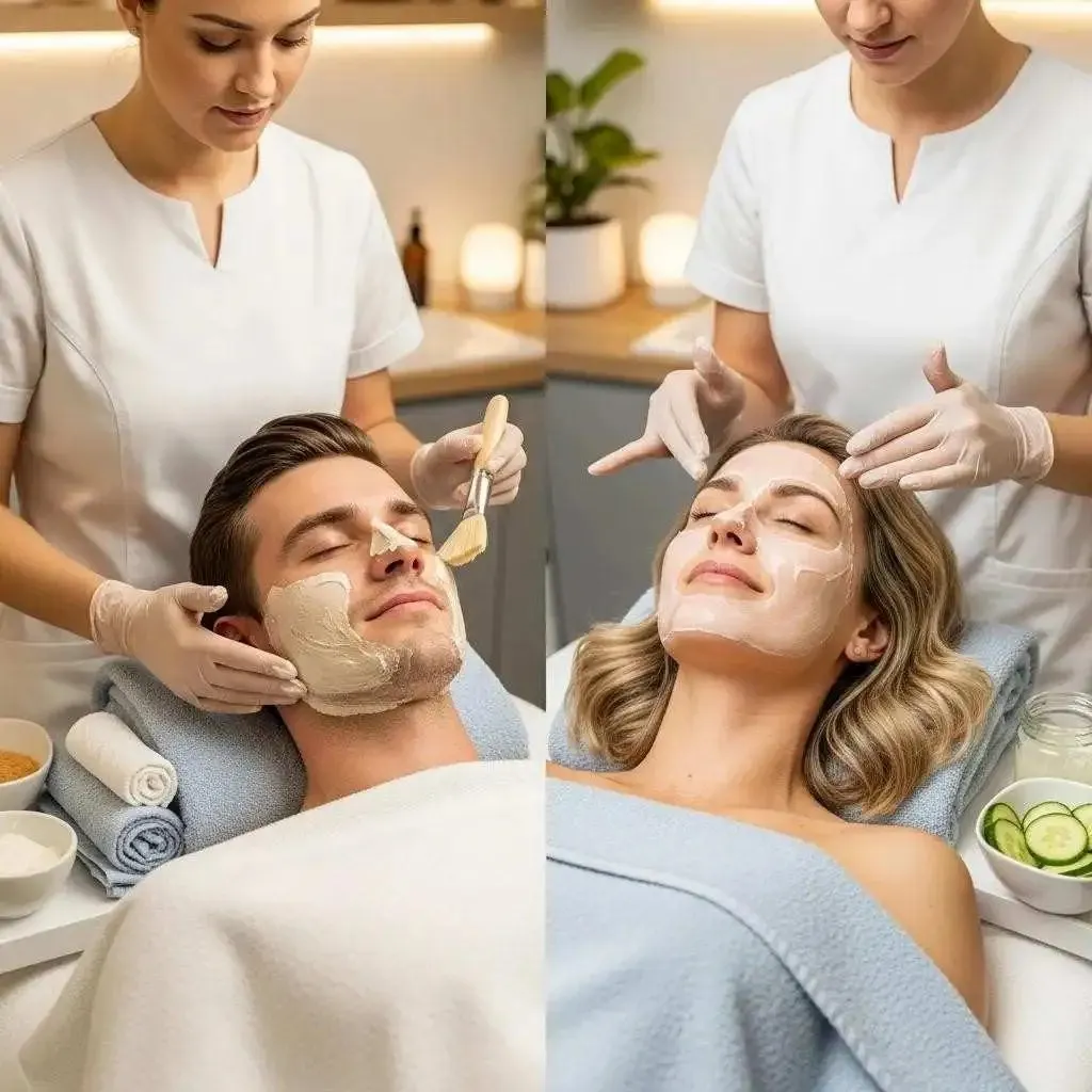 Esthetician customizing organic facial treatments for clients at Meena Threading Salon