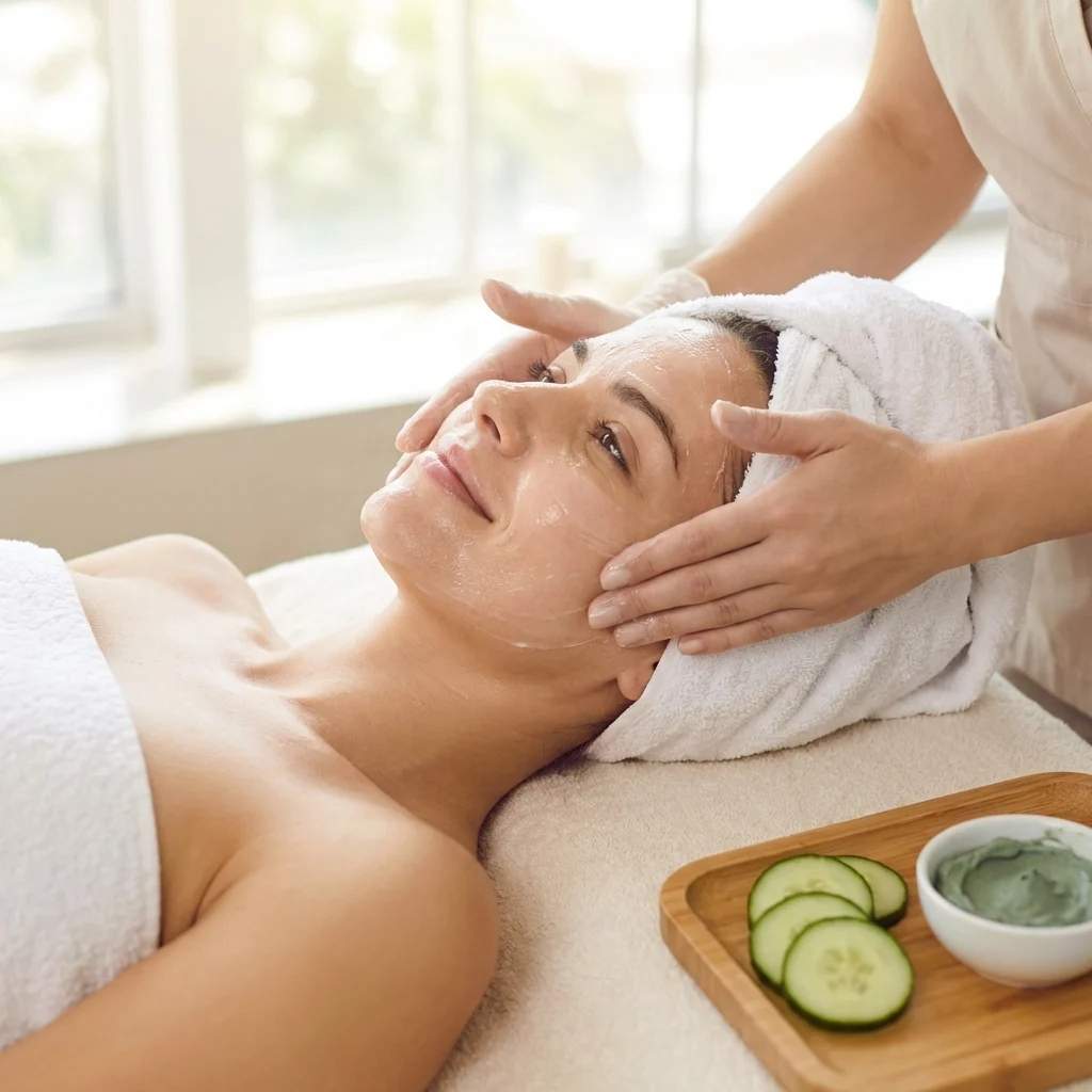 Organic facial treatment using natural skincare products at Meena Beauty Salon