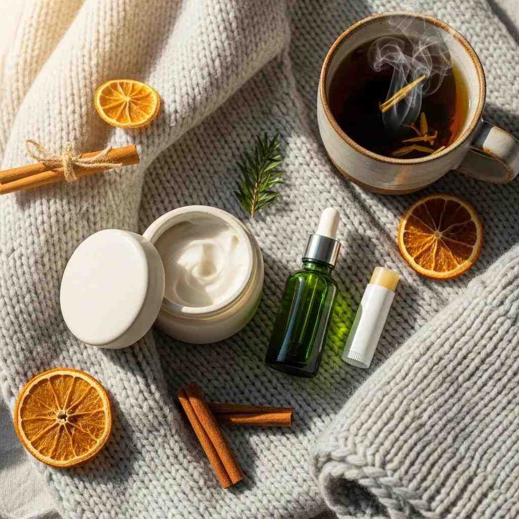 Flat lay of gentle winter skincare products to support chin hair removal
