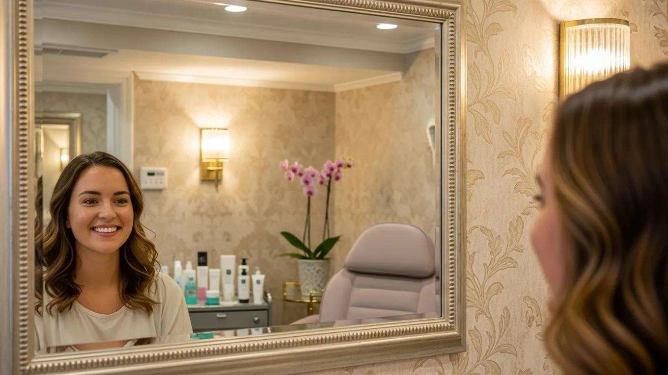Satisfied client admiring clear skin after a Hydromedic Facial in a beauty salon